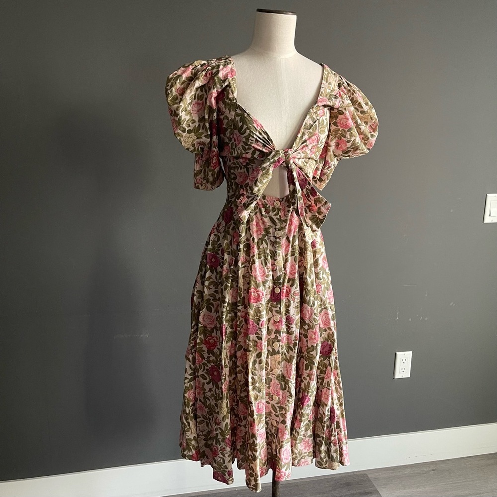 Eileen West Floral Midi Dress Puff Sleeve Tie Back Cottagecore Fairy Bohemian
